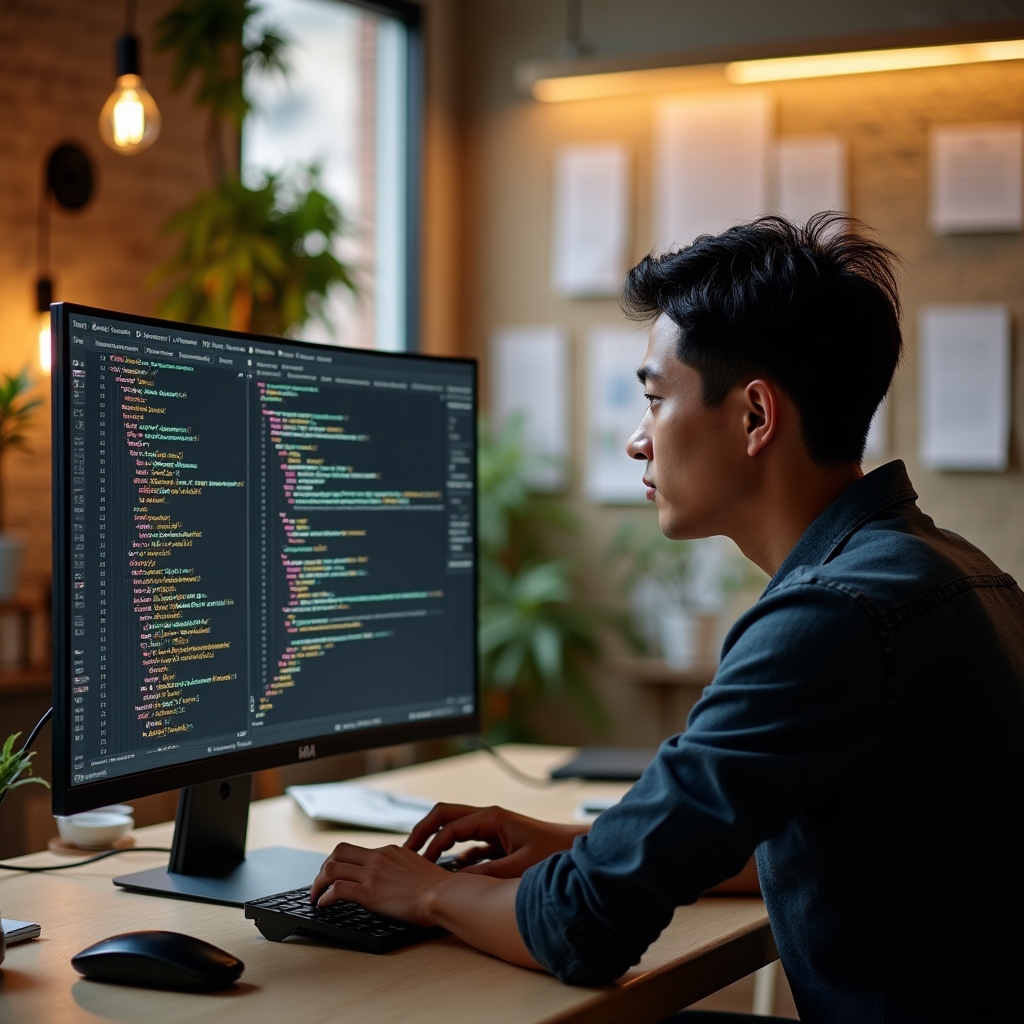 Developer reviewing schema markup JSON-LD code on a large monitor in a creative studio