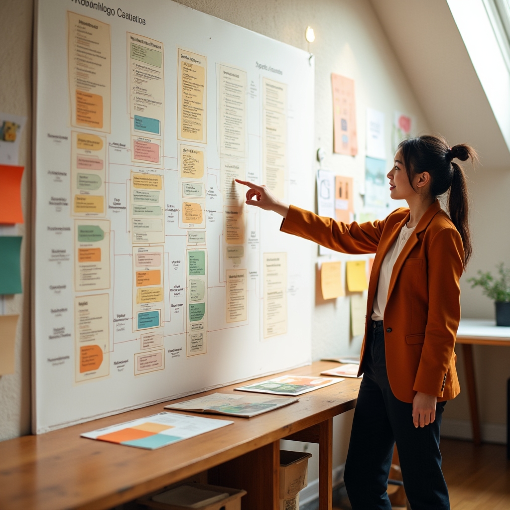 Designer mapping schema.org vocabulary types on a large illustrated diagram pinned to a creative studio wall