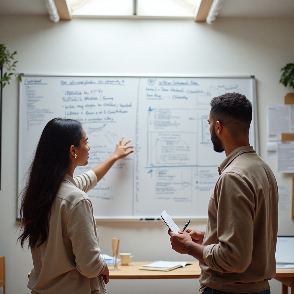 Two researchers discussing Wikipedia brand notability criteria on a large whiteboard in creative office